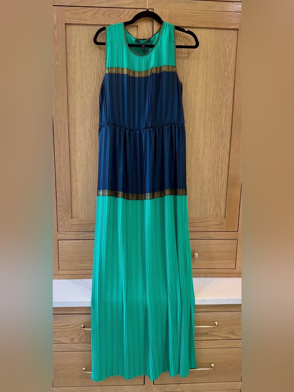 BCBGMaxAzria Navy, Bronze and Green Pleated Colorblock Maxi Dress